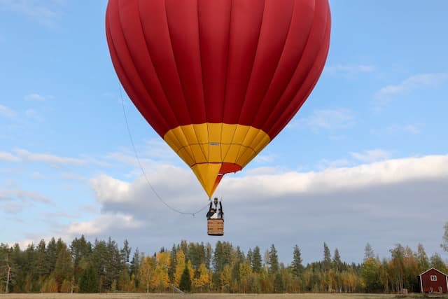 Ballong som flyger nära mark med höstfärgad blandskog i bakgrunden